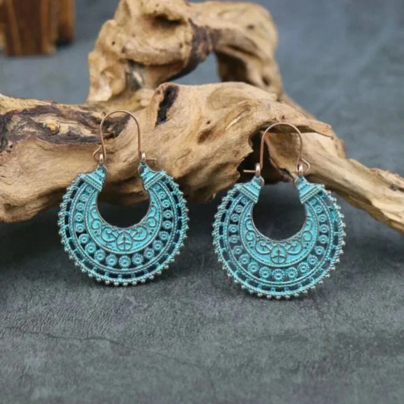Sterling Silver Vintage Turquoise Ethnic Boho Hoop Earrings - Picture 1 of 3